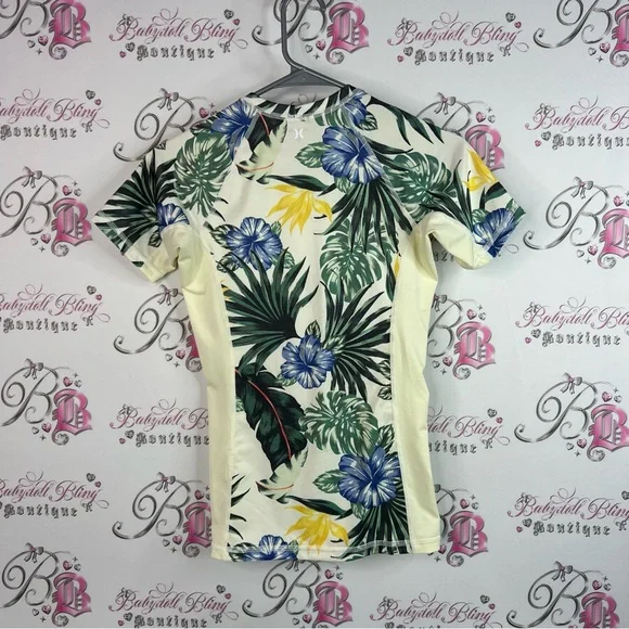 Hurley rash guard swim shirt Cream T-Shirt with Green and Blue Tropical Print - Picture 9 of 9